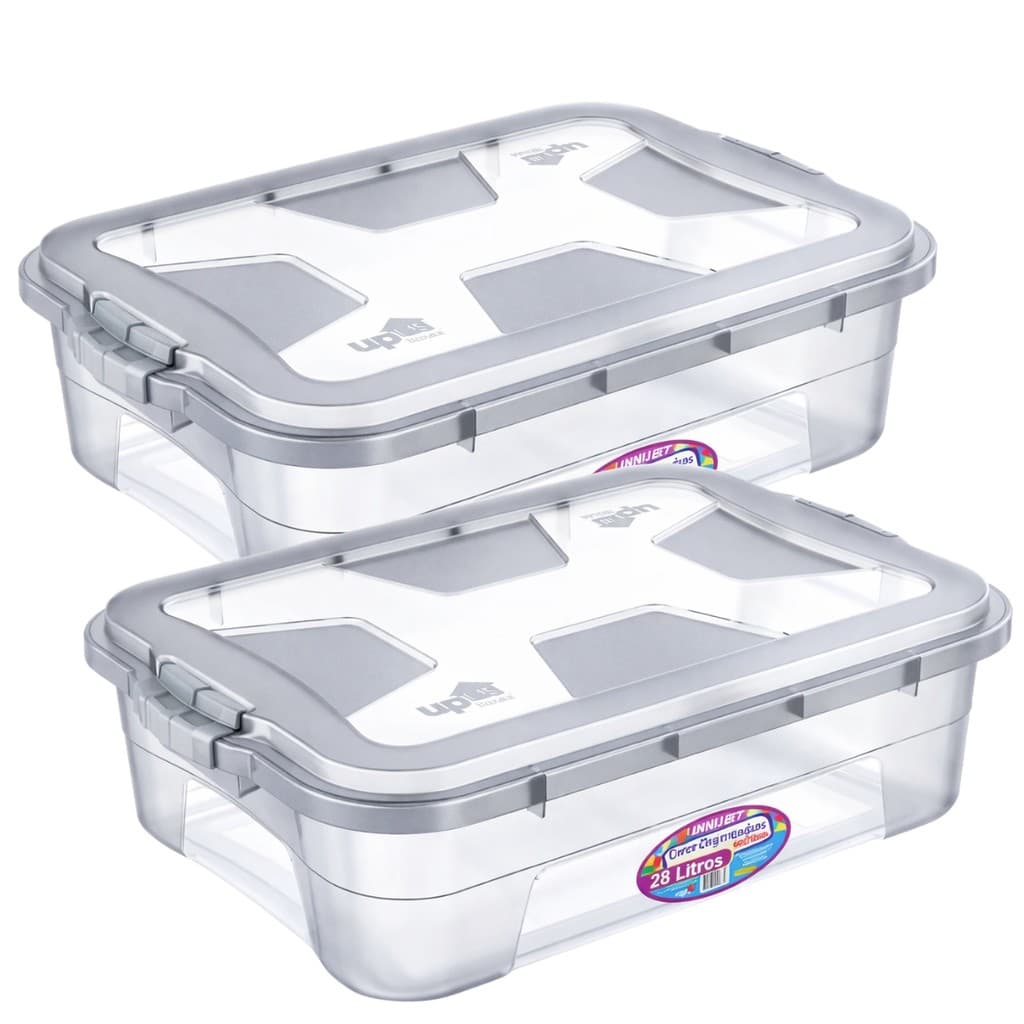 Kit 2 Caixa Organizadora Multiuso 28L Transparente com Travas Caixa Plástica Empilhável Closet Armário Roupas Brinquedos