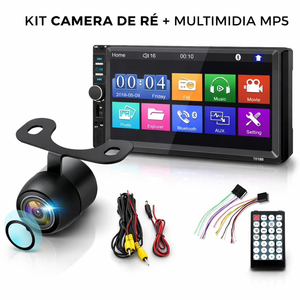Kit Câmera de Ré + Multimídia MP5 7" Bluetooth Espelhamento USB SD Aux Universal Carro