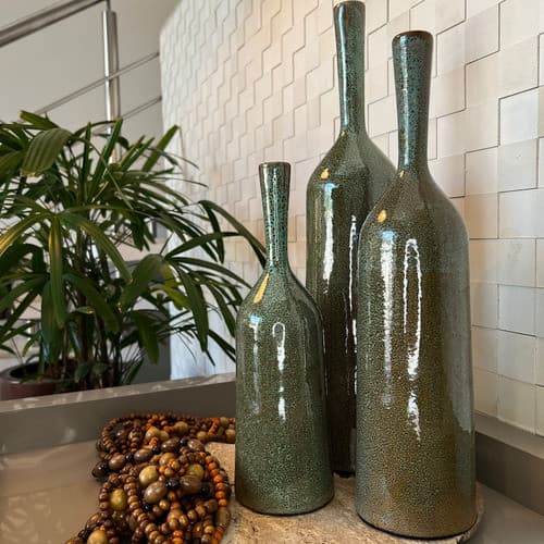 Trio De Vaso Cerâmica Garrafa Tendência Decoração Arte Verde