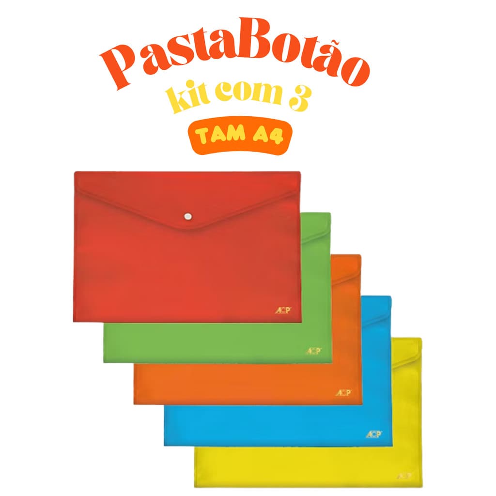 Pasta com Botão Horizontal Envelope A4 ACP KIT COM 3 UNIDADES Cores a Escolha