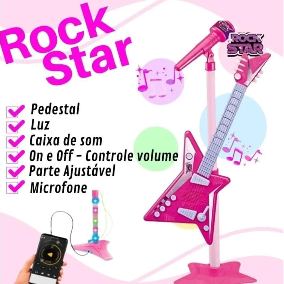 Guitarra Infantil Rock Star C/ Microfone E Luz - Rosa - Zoop