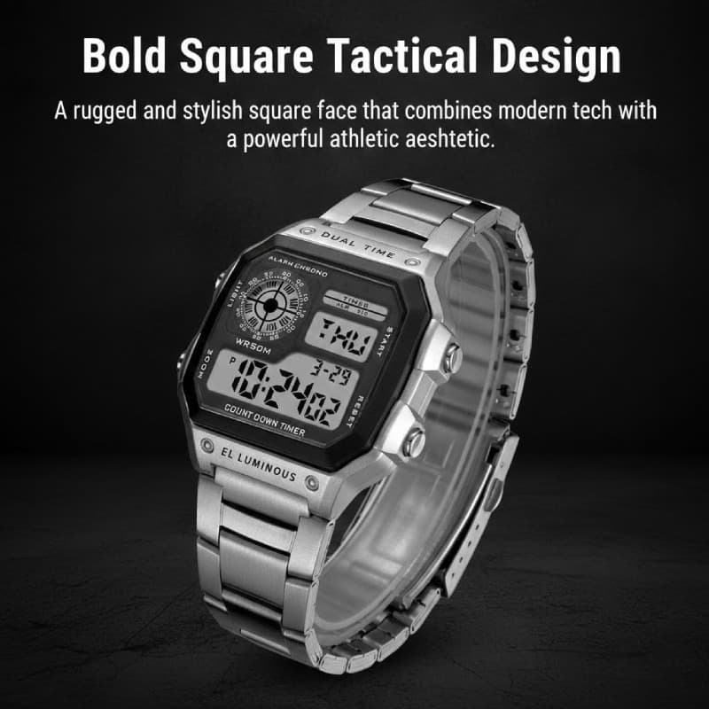 Relógio Esportivo Digital Quadrado Masculino Multifuncional à Prova d'Água com Cronômetro e Display LED Brilhante