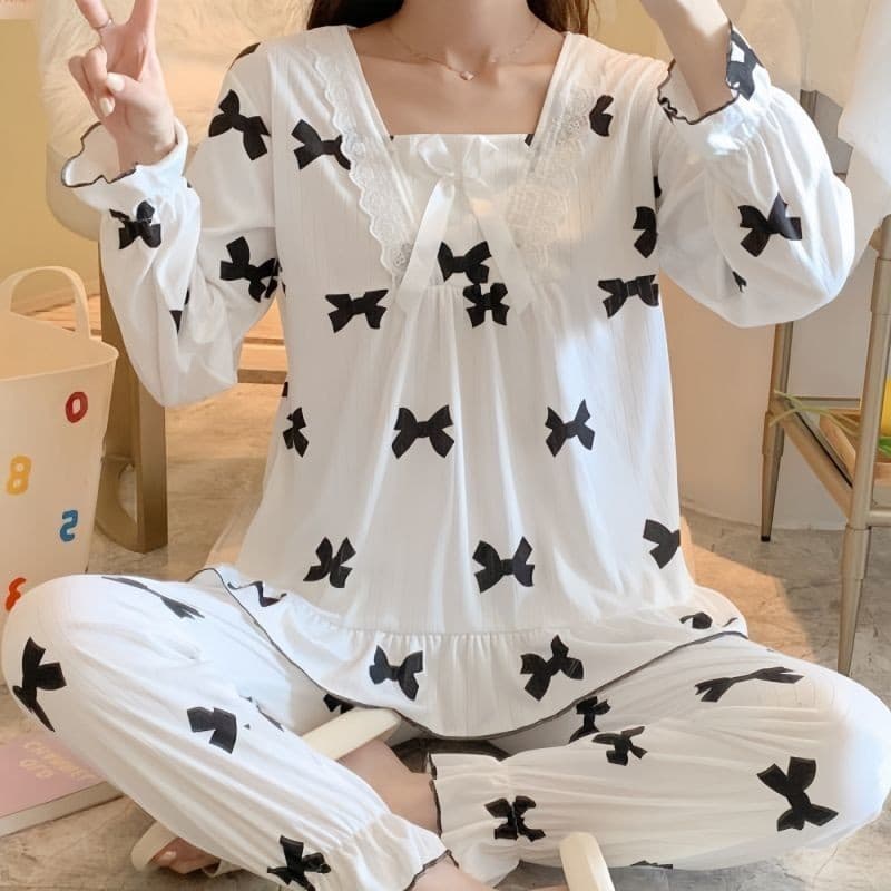 Pijamas femininos de manga comprida primavera outono doce bonito estilo princesa estudante terno de duas peças pode usar