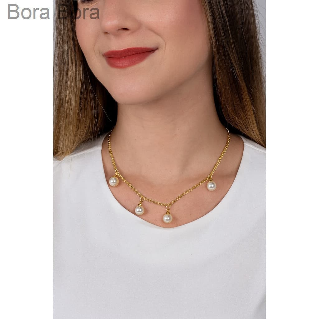 (V)Colar Feminino Dourado com Pérolas – Corrente Grumet EleganteRWUJ