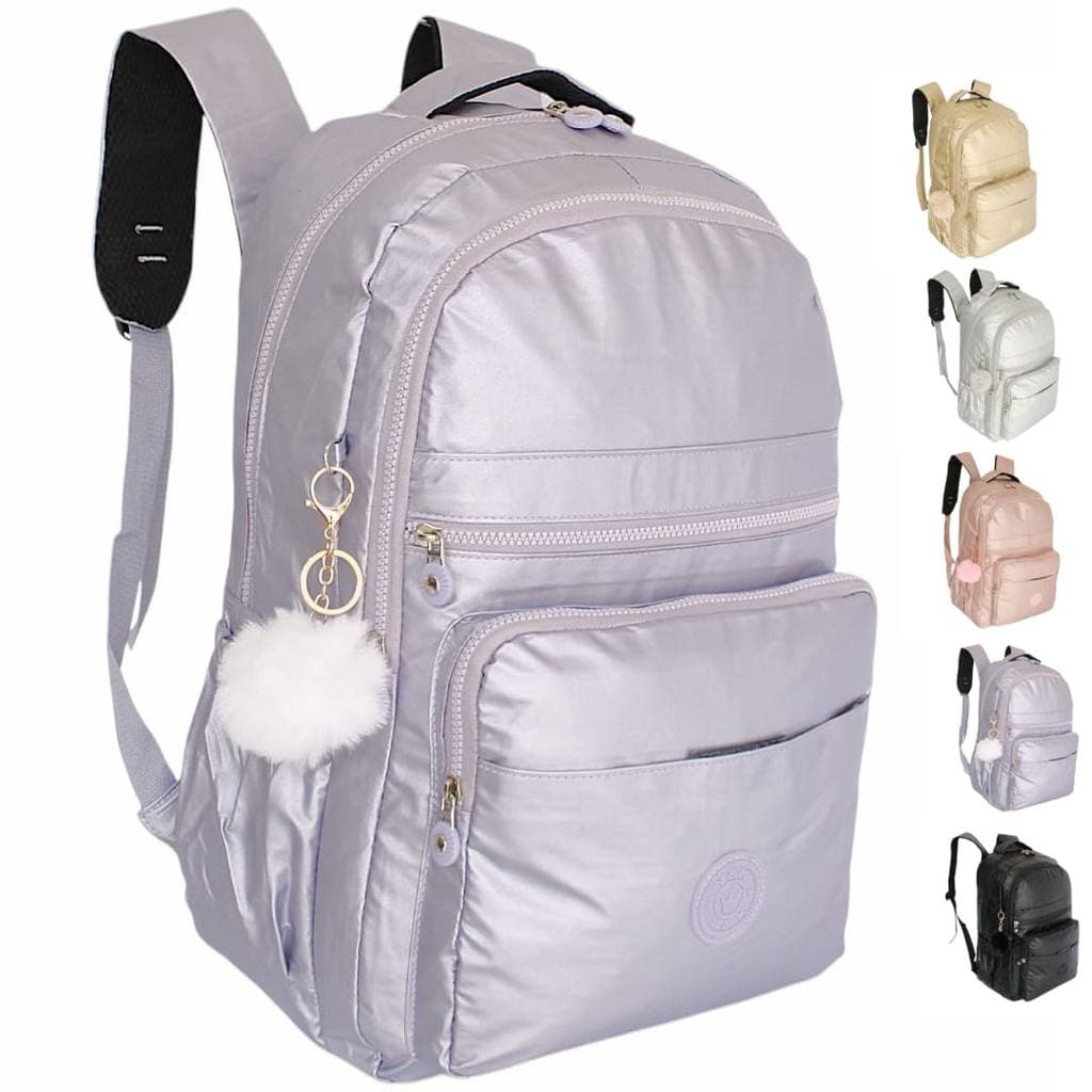 Mochila Feminina Metalizada Grande Resistente Impermeável Chaveiro Pompom Escola Trabalho Viagem