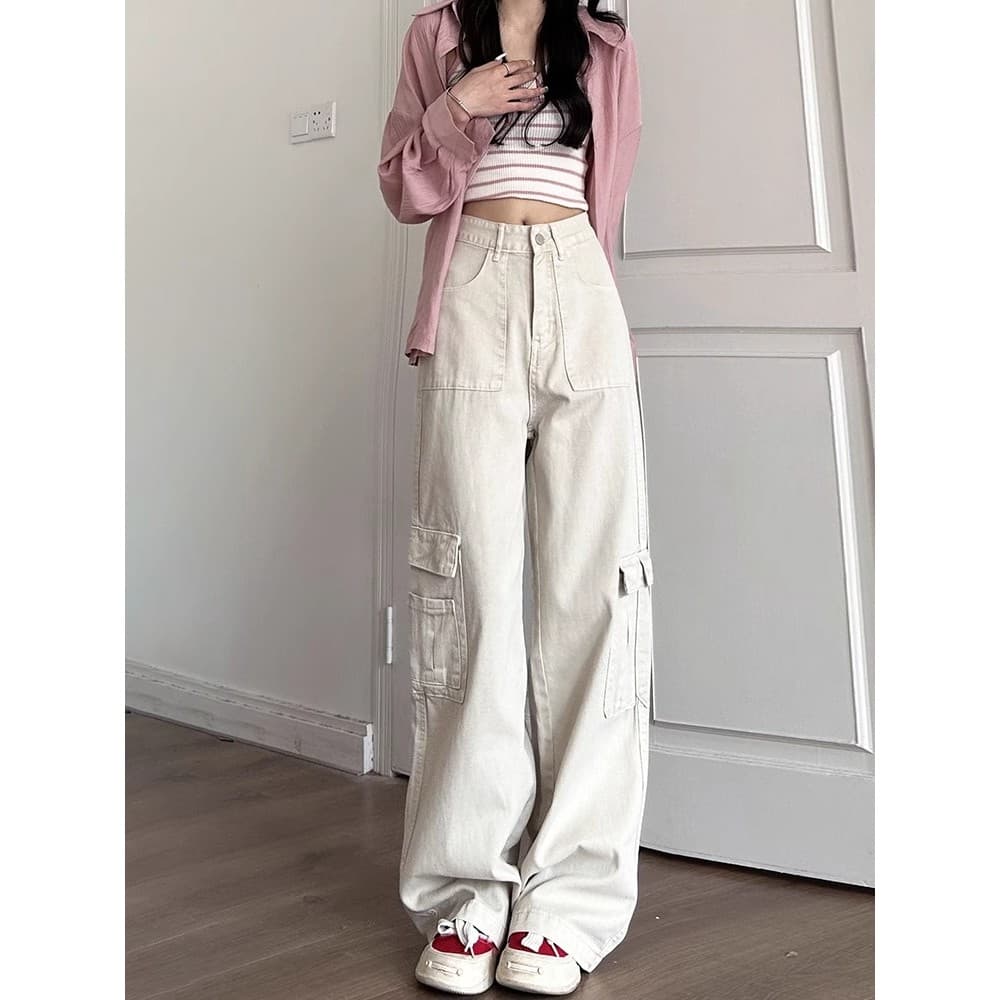 Americano Retro Multi-bolso macacão feminino primavera 2025 novo oversize solto perna larga calças casuais na moda