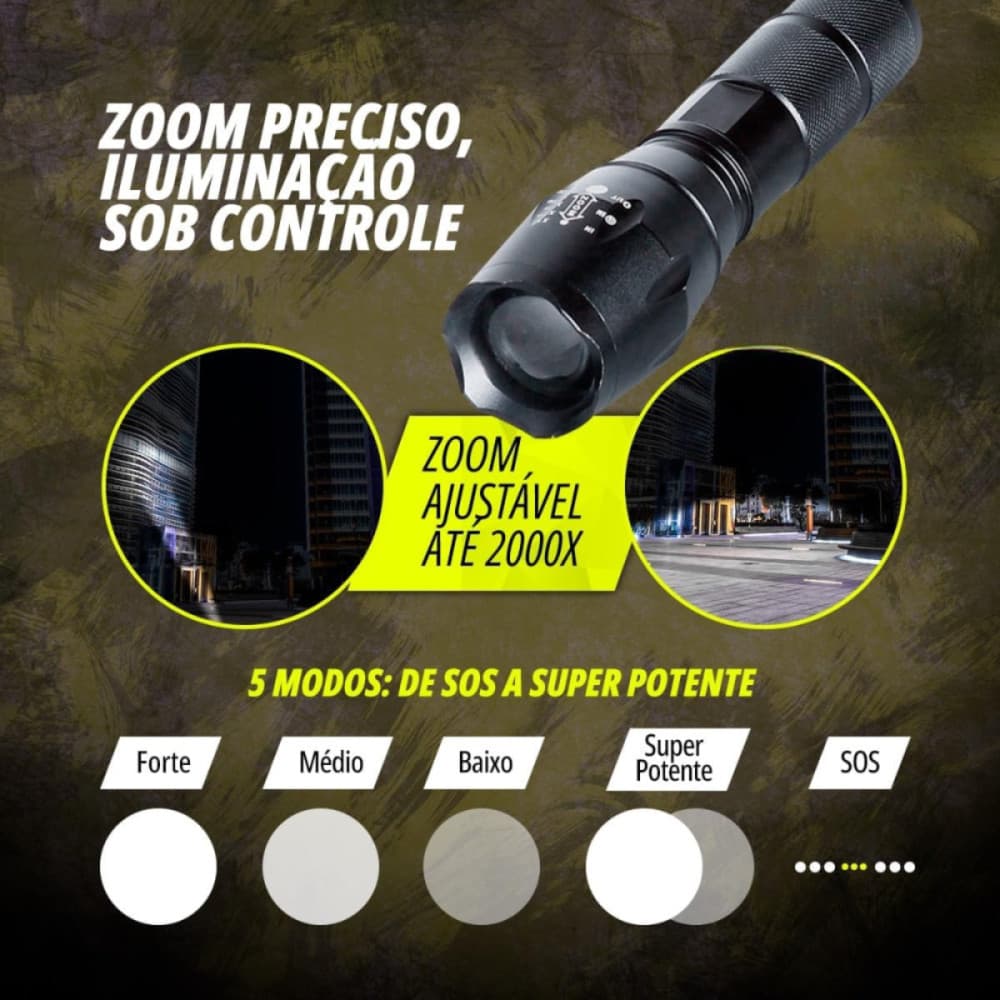 Lanterna Tática Portátil MINI A Pilha Com Zoom Telescópico Kapbom KA-L1589 Led Recarregavél