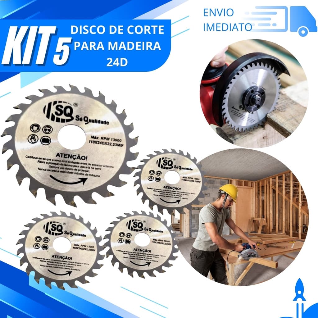Kit 5/3/2 Disco de Corte de Madeira 24 Dentes 110x22,23MM para MDF e Madeira em Geral serras Circulares