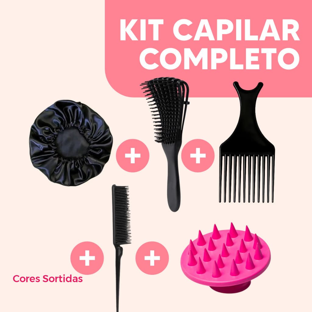Kit Capilar Completo com Escova Polvo, Massageadora, Pentes e Touca de Cetim