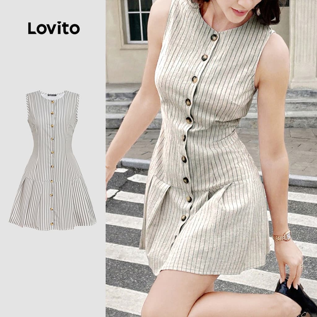 Lovito Casual Vestido Pregueado Botões Na Frente Confortável e Estiloso Vestido Khaki para Mulheres L172ED1667
