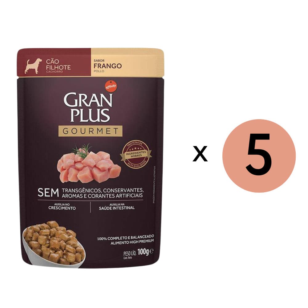 Kit 5 Ração Úmida Gran Plus Gourmet Cães Filhotes Frango Sachê 100Gr