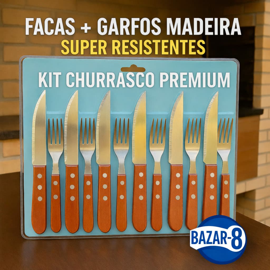 Conjunto Churrasco Premium 12 Peças - Inox Cabo Madeira Wood LEHAVI Facas E Garfos