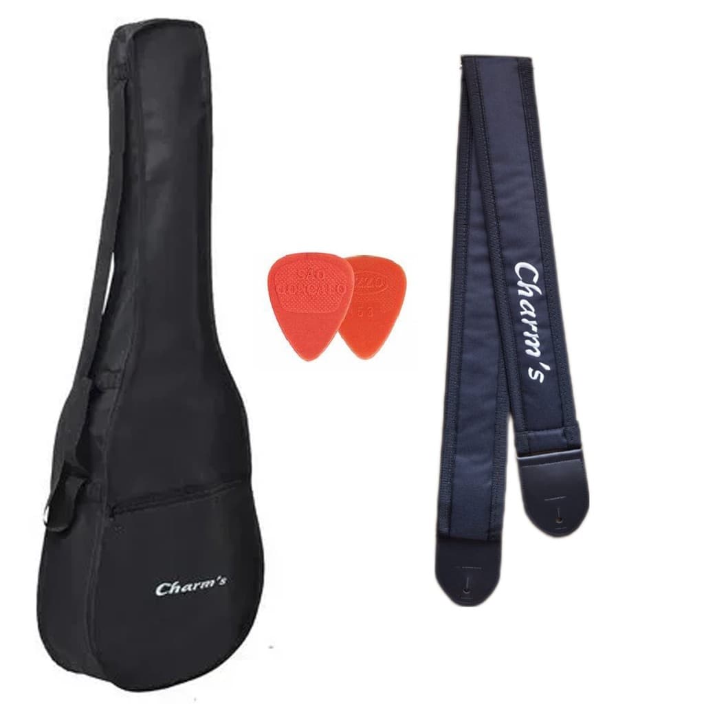 BAG CAPA VIOLÃO CLÁSSICO FOLK SIMPLES EM NYLON BOLSO ALÇA DE MÃO E LATERAL + CORREIA ALMOFADADA ALÇA ESTOFADA 2 PALHETAS