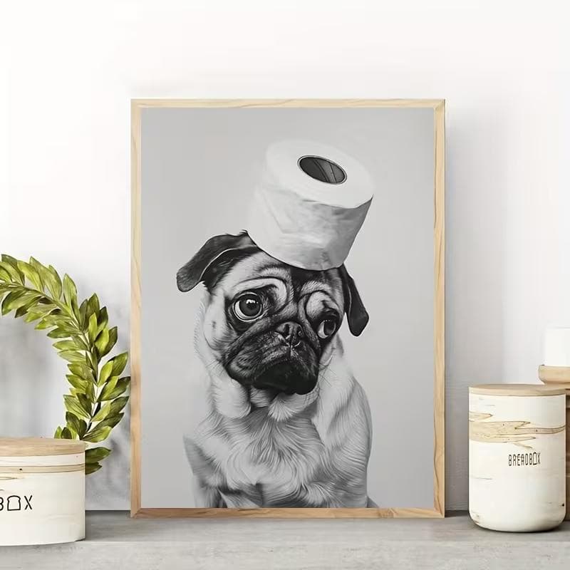Quadro Decorativo Pug com Rolo de Papel Higiênico Minimalista