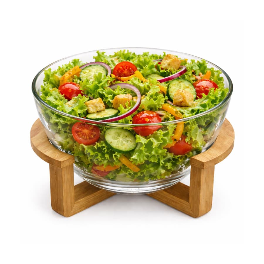 Saladeira De Vidro C/ Suporte De Madeira Bowl Sobremesa Tigela Mesa Cozinha 19cm
