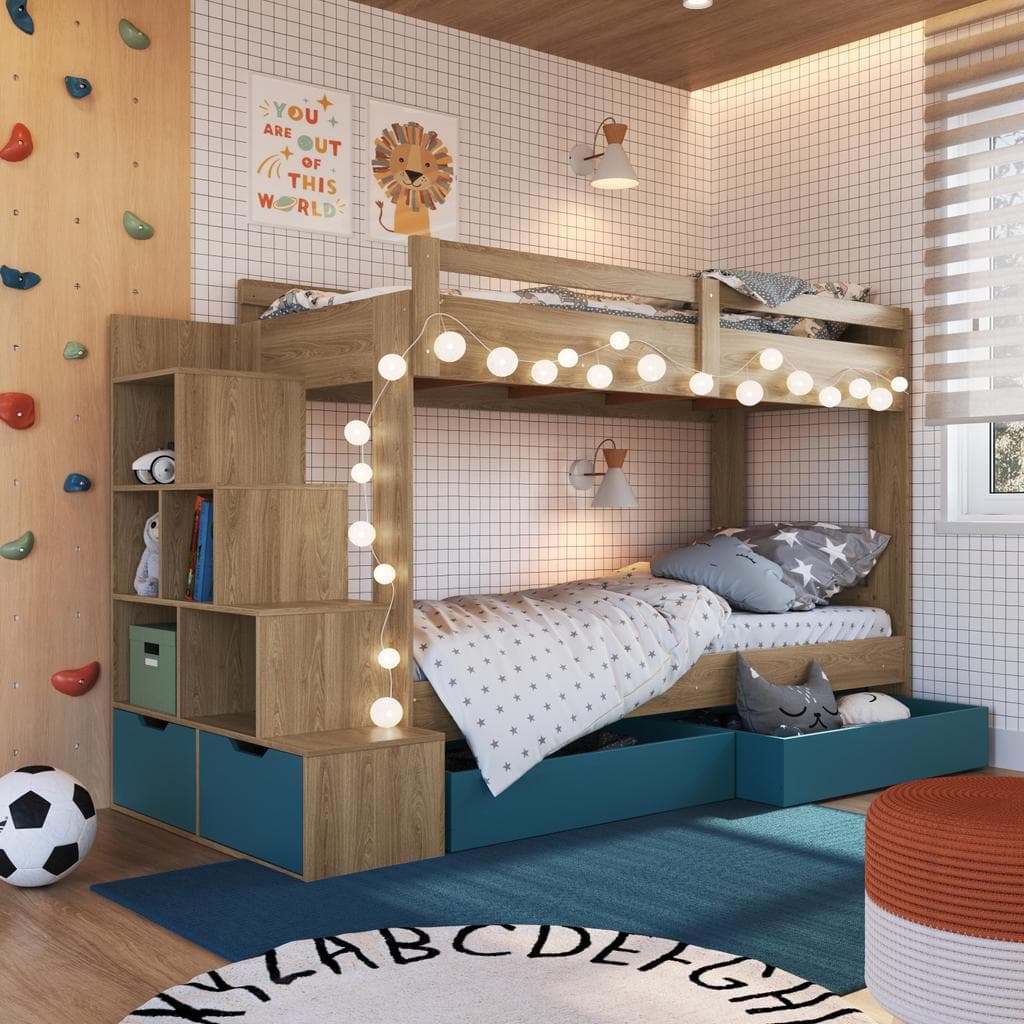 Cama Infantil Beliche 188x78 com Escada com Nichos Grade de Proteção e Gavetas com Rodas Aveiro/Azul