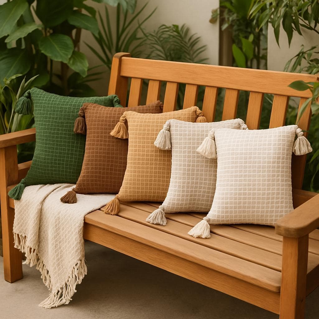 Capa de almofada boho 45x45 pompom piquet cru algodão bohochic