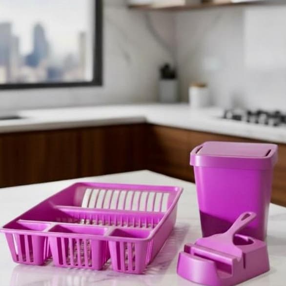 Escorredor de Louça, Kit Pia, Lixeira, Porta Detergente, Rodinho - Cozinha Rosa - Cozinha Completa