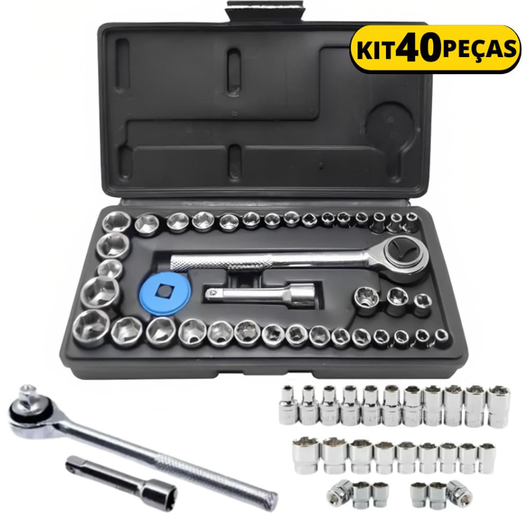 Kit De Ferramentas 40 Peças Cinzenta/Preta Jogo De Soquetes Chave Catraca Reversível Com Maleta Jogo Completo Janoclick