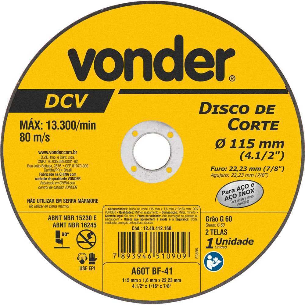 Disco de corte 115,0 mm x 1,6 mm x 22,23 mm, DCV,
VONDER