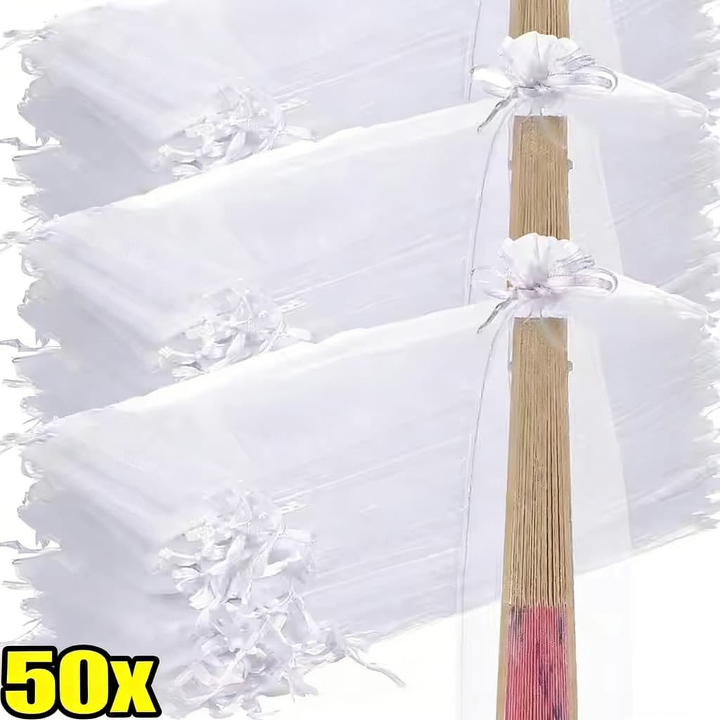 10/20/30/40/50 Pacotes De Sacos De Organza Brancos , Bolsa De Malha Transparente Com Fecho De Cordão Para Leque De Joias