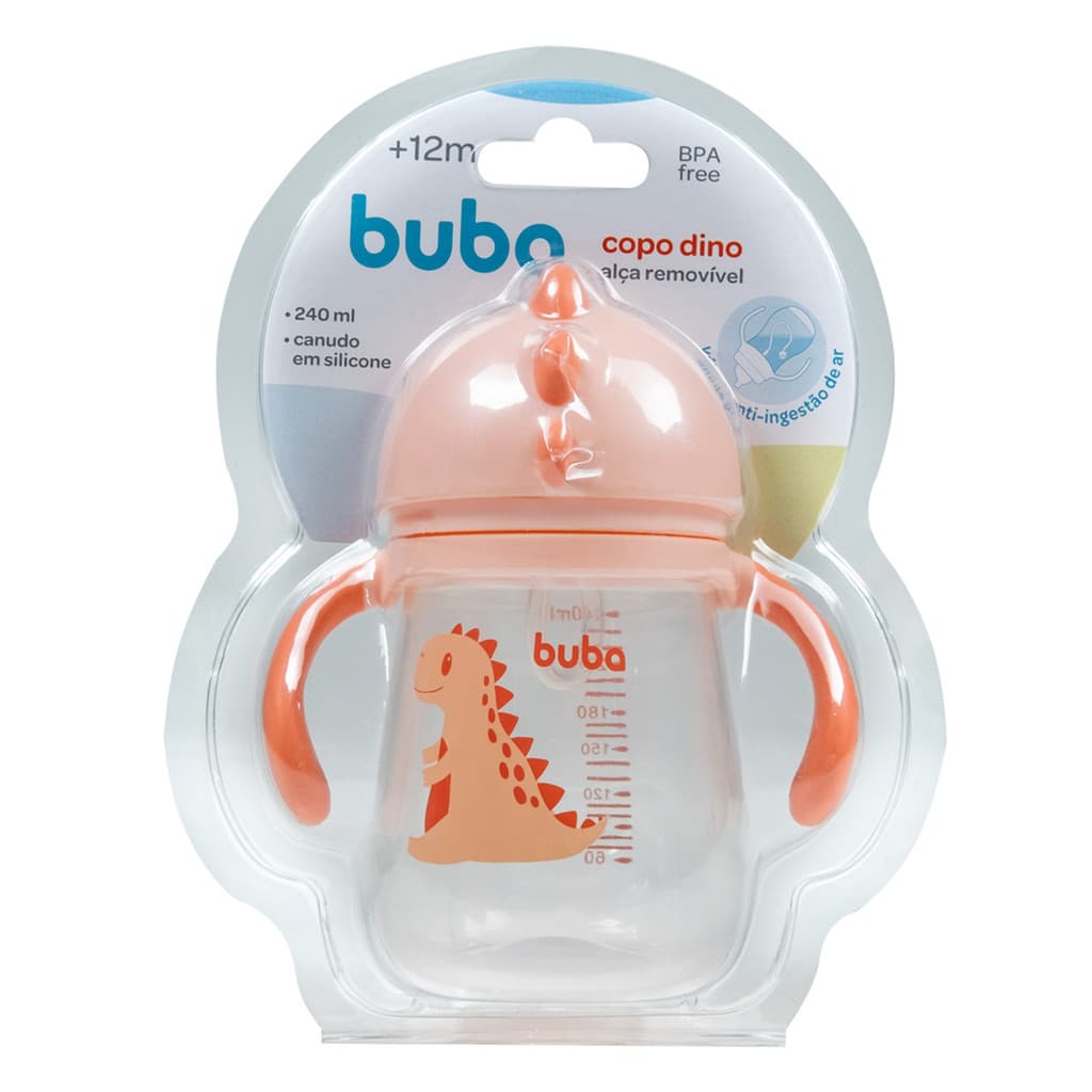 Copo Treinamento com Alça e Canudo Buba Dino Rosa 240ml