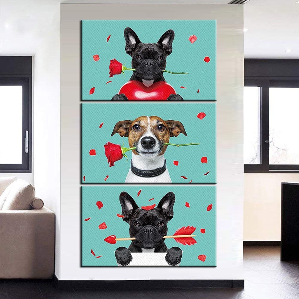 Quadros Vertical 3 Peças Cachorros Cães Flor Sala Quarto Hall