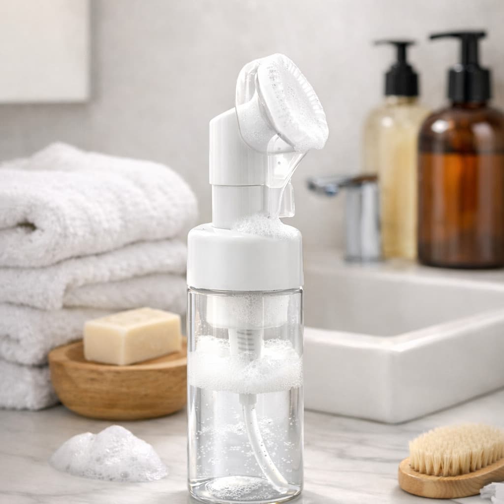 Frasco Pump Espumador Com Escova De Silicone Para Limpeza Facial Skin Care 120ml