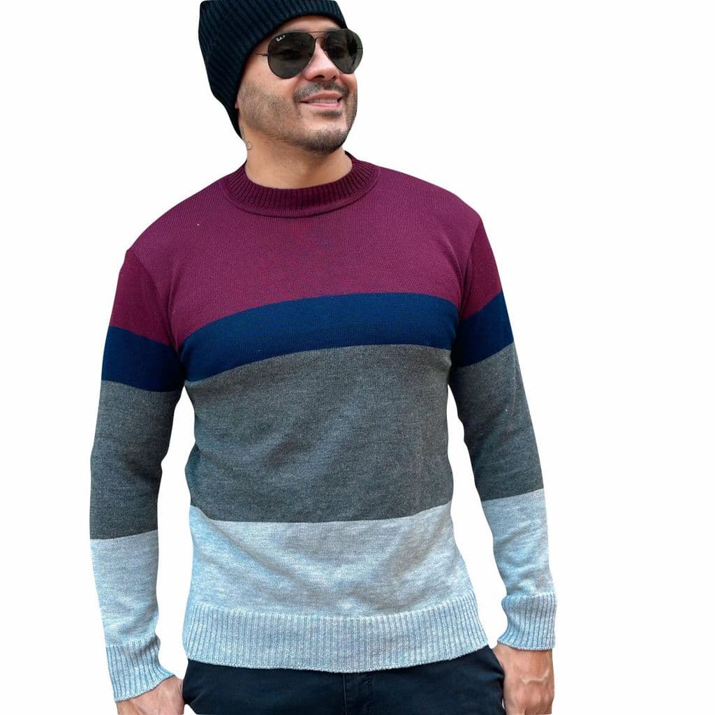 Camisa Suéter Masculino Listrada Gola Careca Outono Inverno