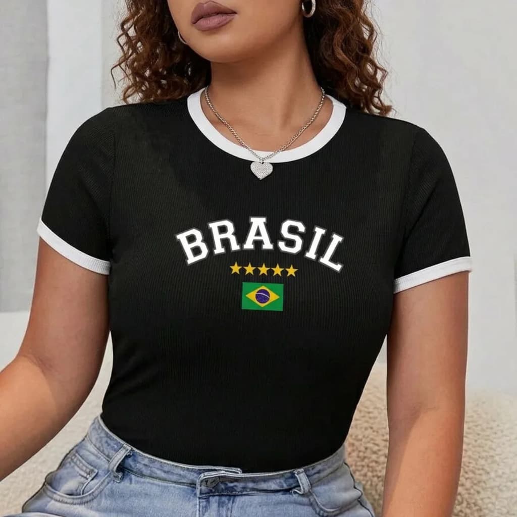 Blusa Brasil Feminina Plus Size Camisa Do Brasil Feminina Baby Look Brasil Feminina Blusa Copa 2026 Tamanho 36 ao 58