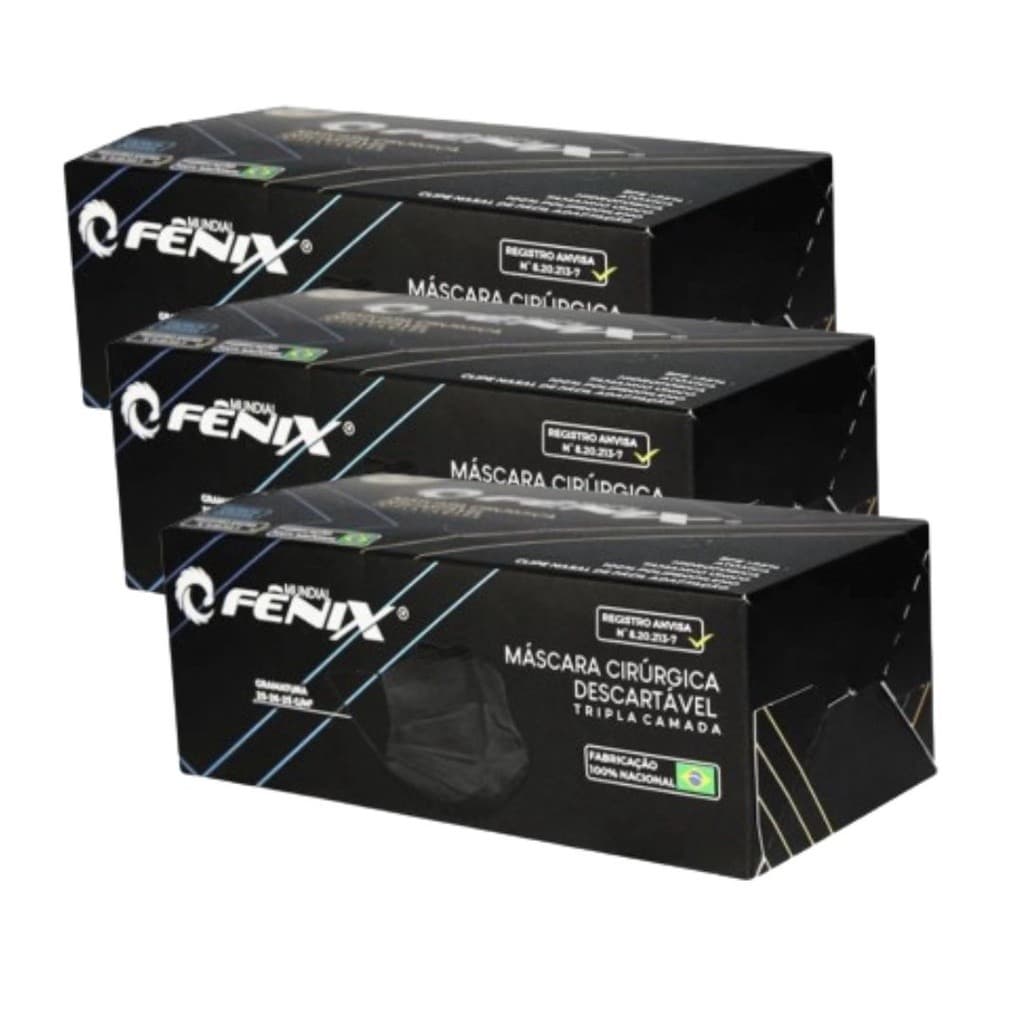 Kit Mascara Cirurgica Fenix Adulto Tripla Proteção 150 unidades Preta - 3 cx com 50