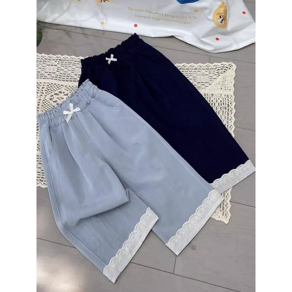 Crianças doce renda costura calças retas Denim calças casuais verão All-Match 2025 estilo roupas crianças