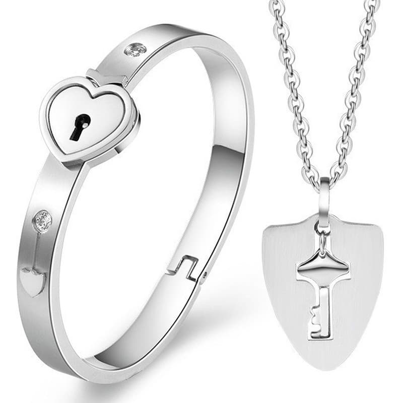 Conjunto de 2 peças de joias para casal, colar com pingente de chave e pulseira de aço inoxidável, estilo punk simples 0