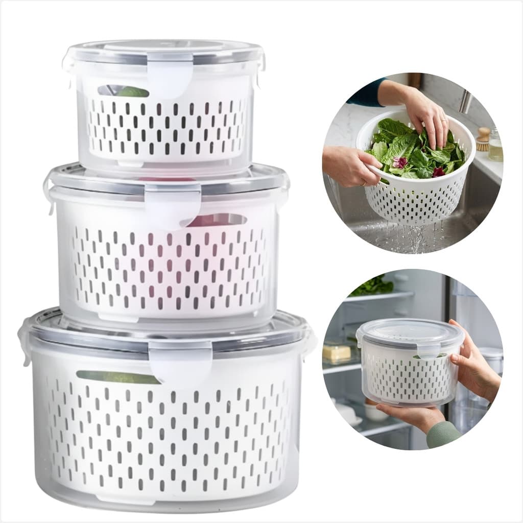 Kit Potes Herméticos Com Cesto Escorredor Para Frutas Legumes e Saladas