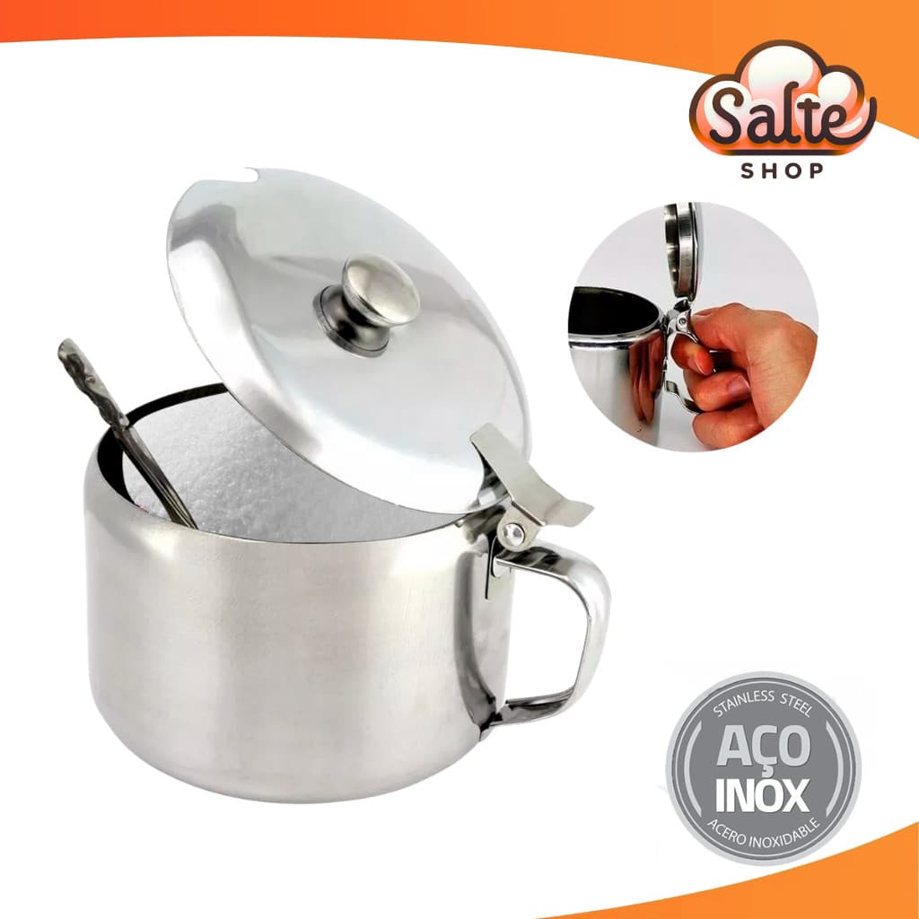 Açucareiro 350ml Em Aço Inox Com Colher Cafeteria Restaurantes Salte Oficial