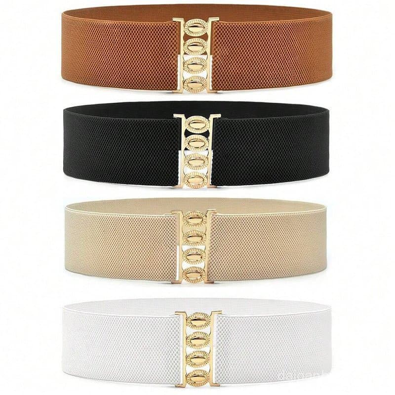 Cinto feminino elástico com fivela decorativa, cinto de vestido luxuoso em dourado.