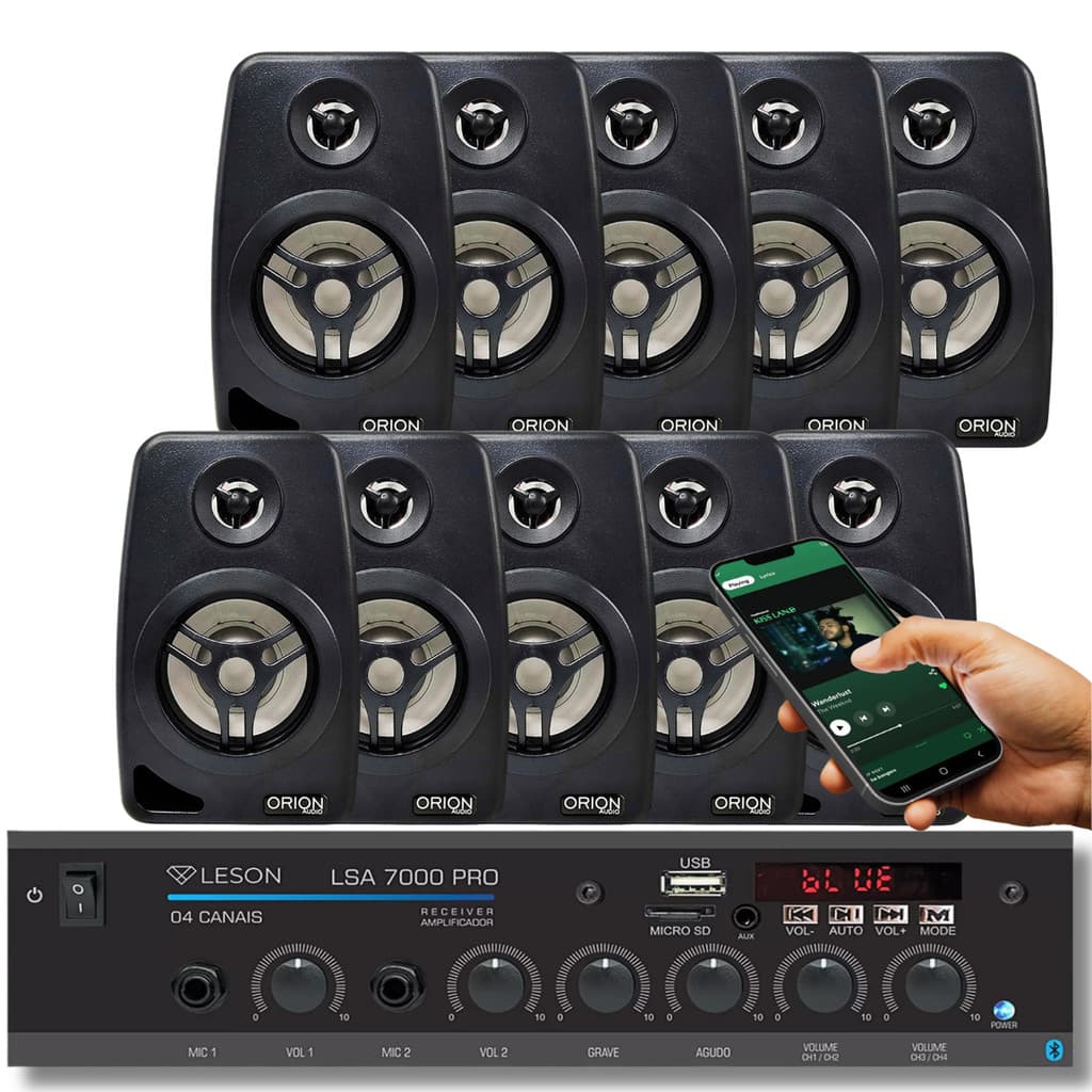 Kit Receiver Amplificador Som Ambiente Leson Orion Bluetooth Usb Aux 4Ch 2Mic + 10 Caixa de Parede com Suportes