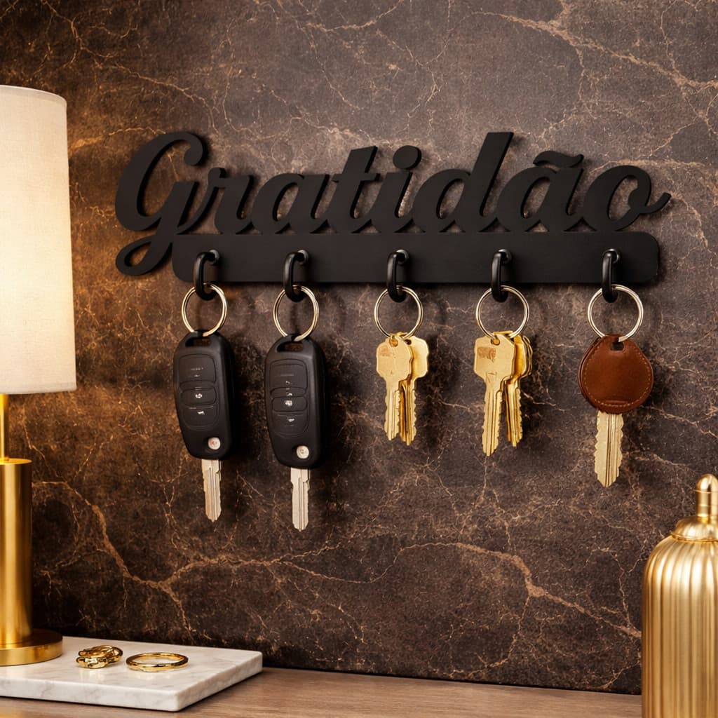 Porta Chaves MDF Gratidão com 5 Ganchos Decorativo