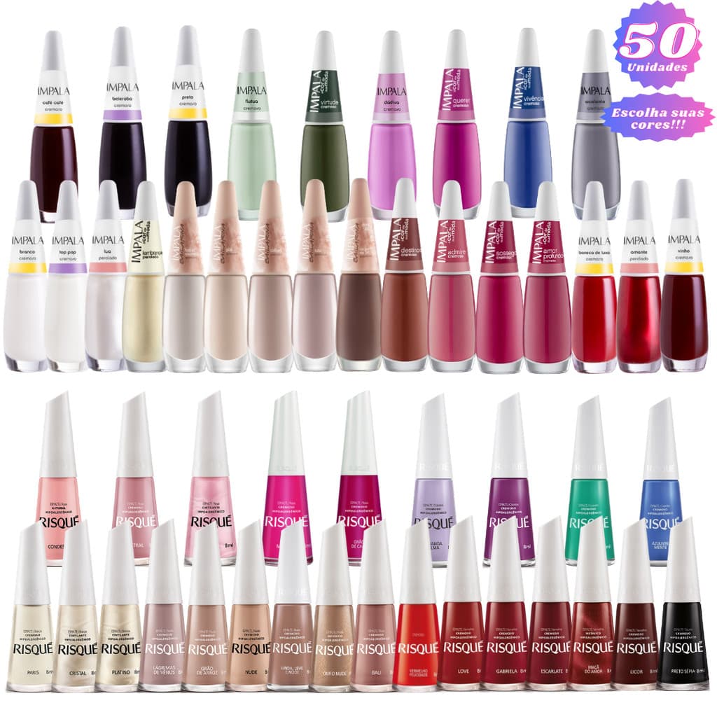 KIT COM 50 / 40 / 30 / 20 / 15 ESMALTE RISQUÉ + IMPALA SORTIDOS MANICURE PEDICURE.
