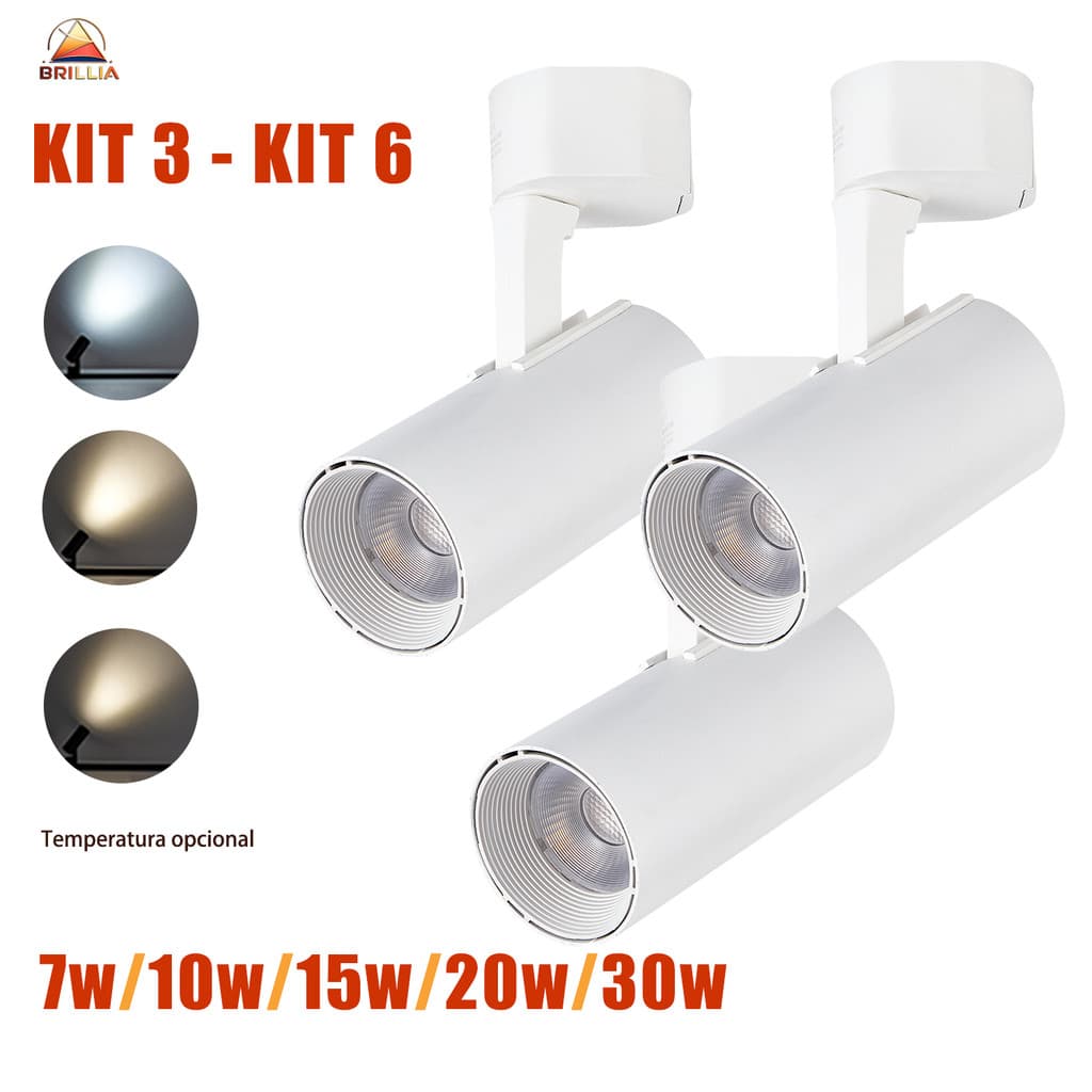 Kits Spot LED Trilho Direcionável Luz Quente/ Fria/ natural 3 a 5 Un Preto / Branco 7W a 30W Bivolt