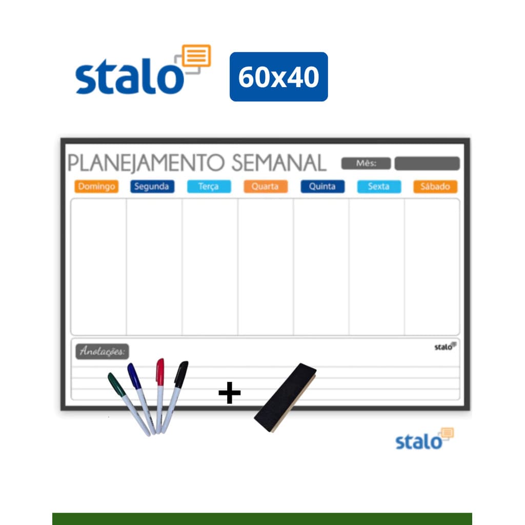 Lousa Quadro Branco Planner Semanal Organizador de Rotina 60x40