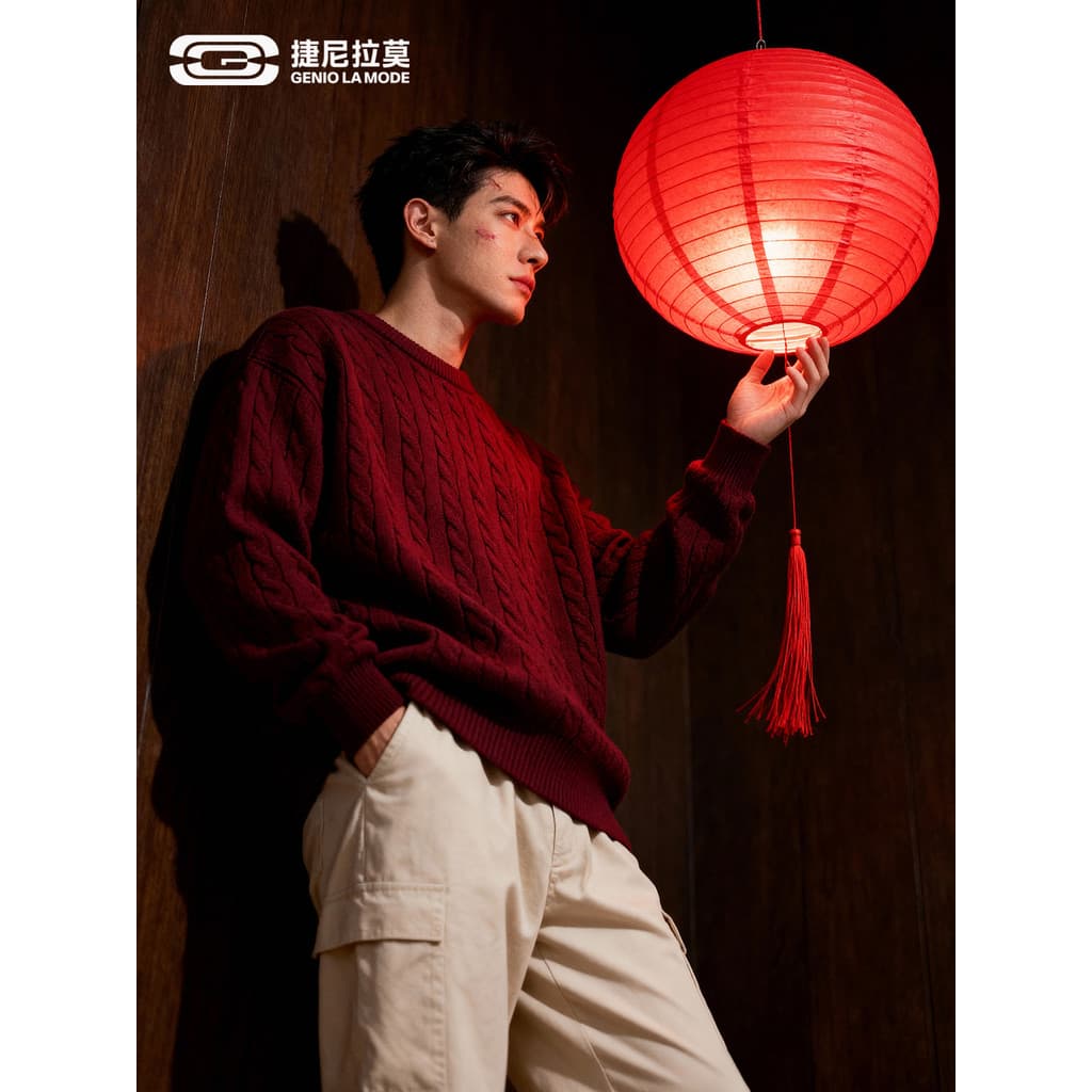 Genelamo suéter torcido masculino feminino gola redonda inverno ano novo malhas vermelhas casal Casual camisa de fundo q