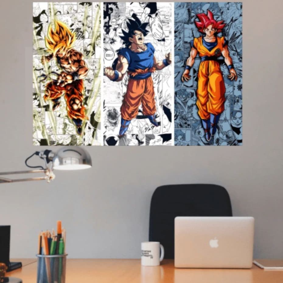 kit 3 Quadro  Goku Transformações – Dragon Ball Z Decorativo em MDF 20x45cm-sala-quarto-escritorio