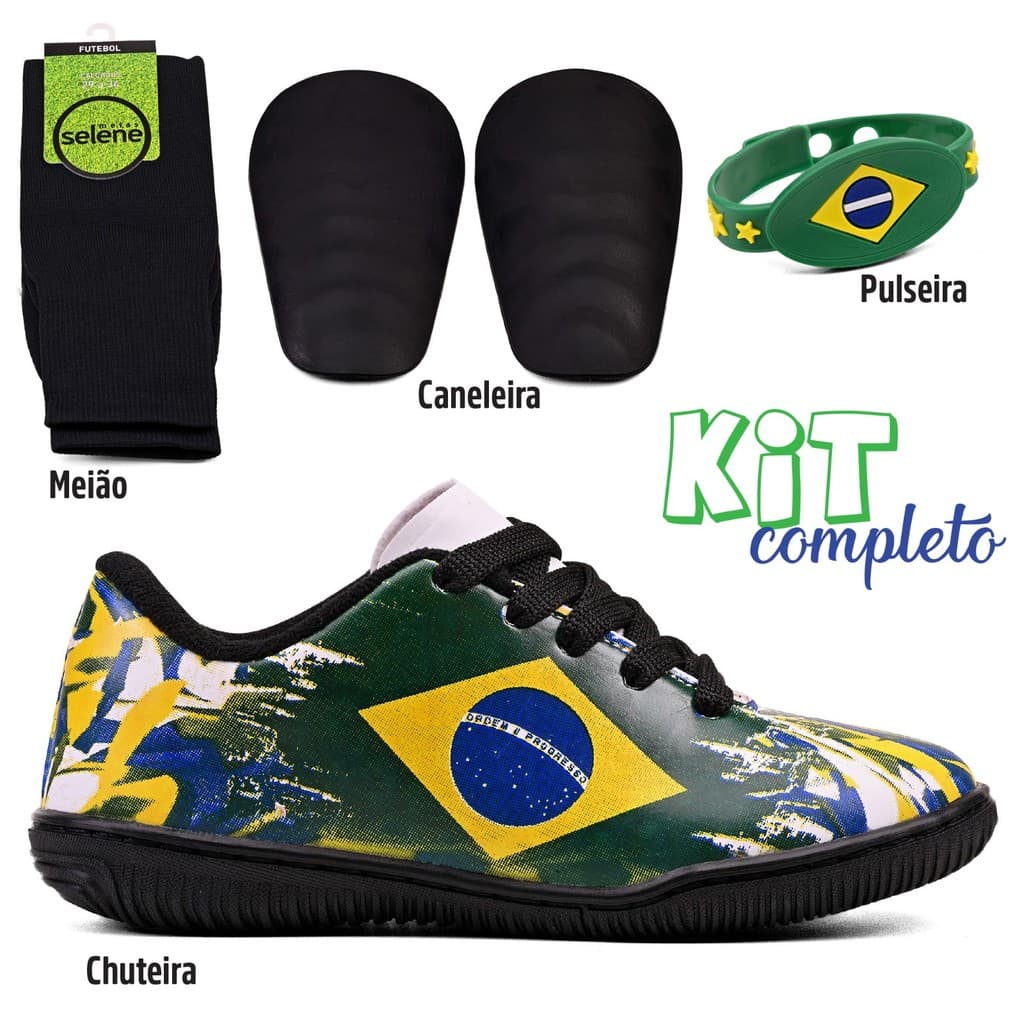 KIT  BRASIL 4 ITENS CHUTEIRA MEIAO CANELE INFANTIL BRASIL FUTSAL E SOCIETY 26 A 33