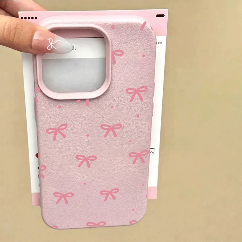 Rosa Capinha Capa Coruro Para IPhone 13 11 12 16 15 14 17 Normal Plus Pro Max Couro Falso Arco Pontos Caso De Telefone