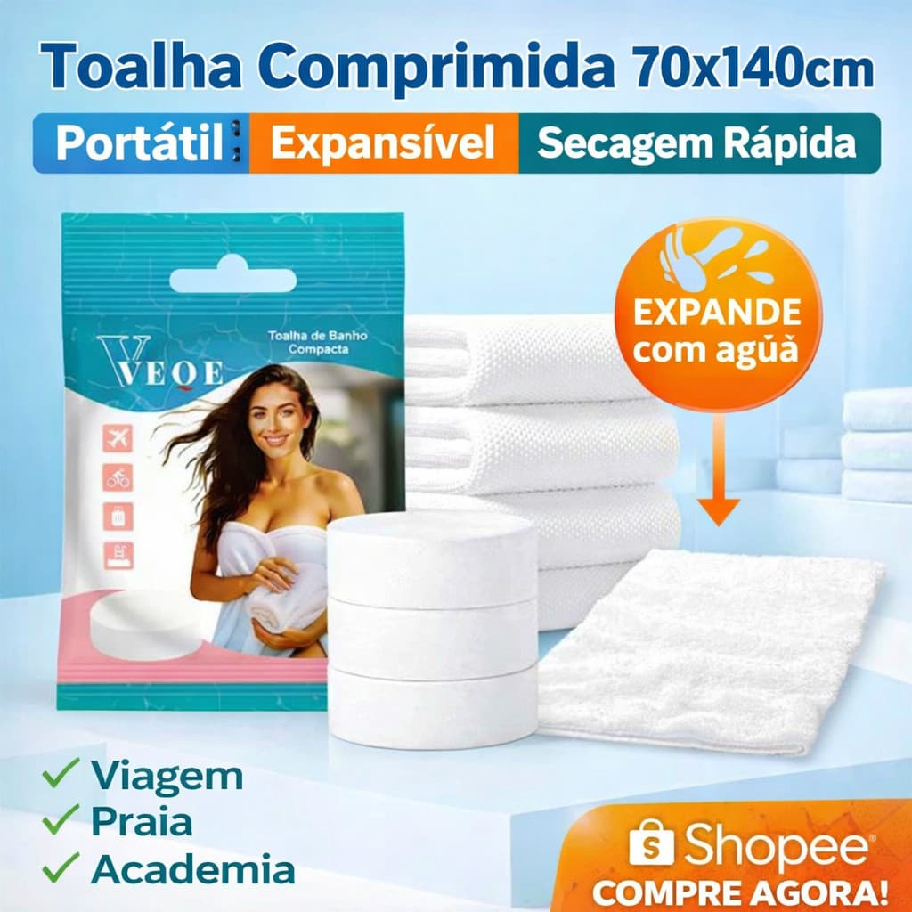 Toalha Comprimida 70x140cm | Portátil, Expande com Água, Secagem Rápida, Leve para Viagem, Praia e Academia