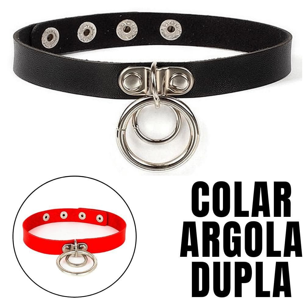 Gargantilha Gótico 2 Argolas Colar Punk Rock Prata Choker Couro Moda