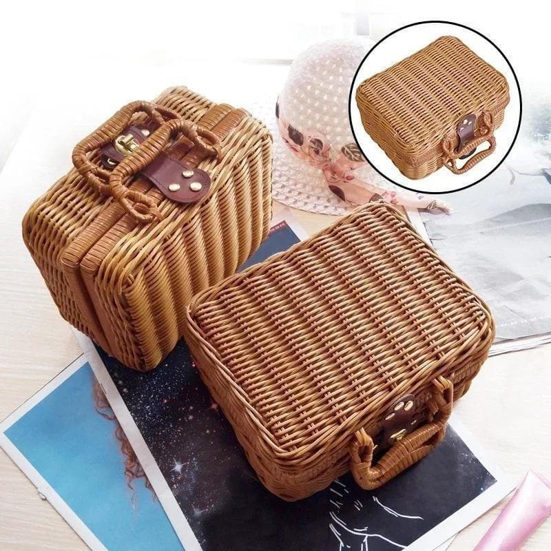 Retro PP Imitação Rattan Tecelagem Cesta De Armazenamento De Piquenique Mala De Vime Caixa De Presente De Mão Tecido Cos
