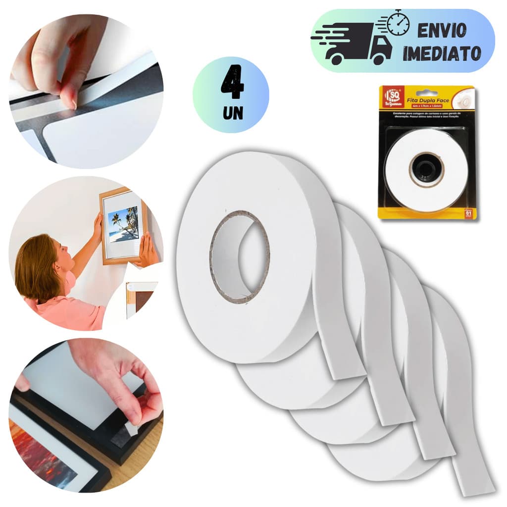 KIT COM 2 A 4 FITAS DUPLA FACE 4 METROS RESISTENTE COLA QUADRO OBRA REPAROS MULTIUSO