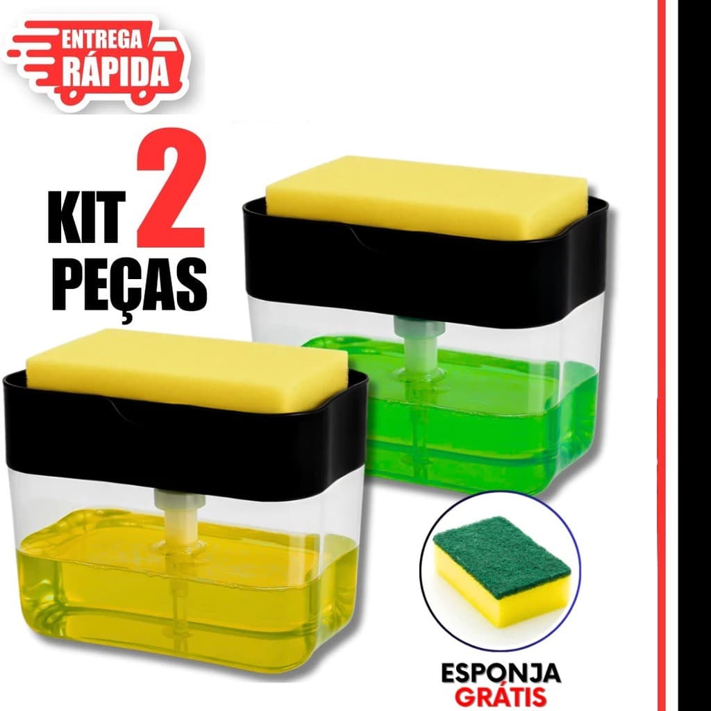 Kit 2 Dispenser de Detergente Porta Sabão Líquido com Suporte Para Bucha Esponja Limpeza Cozinhas